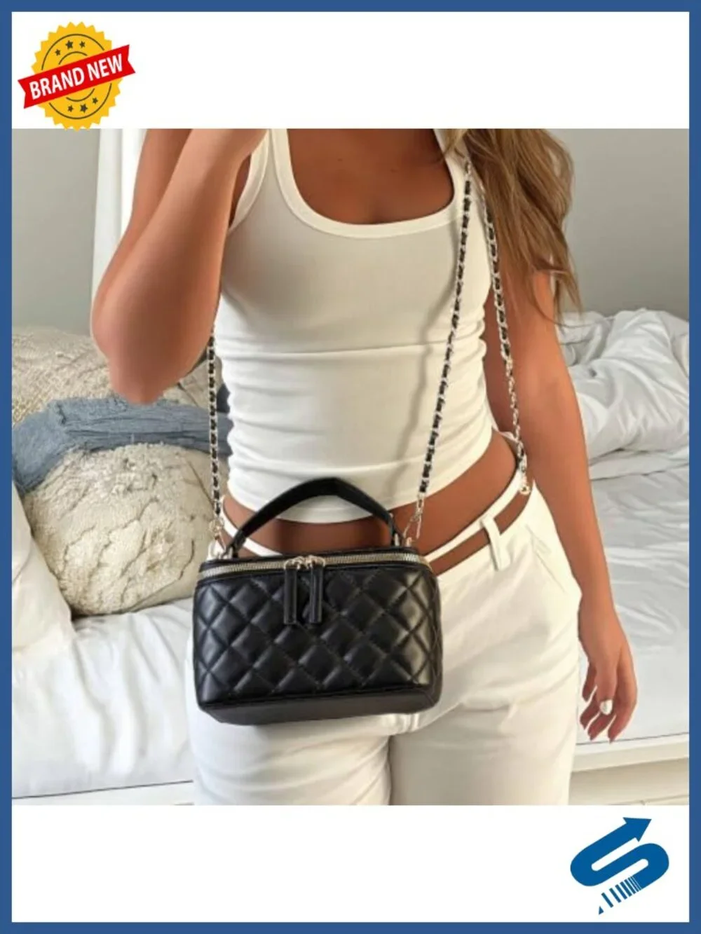 Small Quilted Box Crossbody Purse with Chain Strap